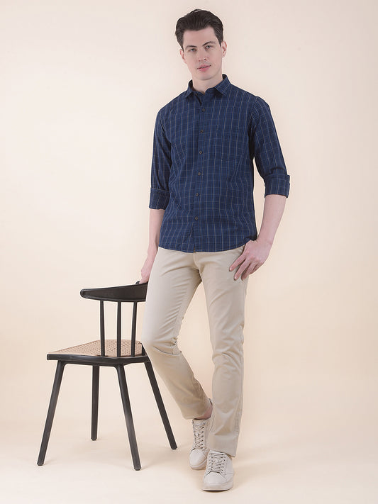  Navy Slim Fit Checkered Full Sleeve Casual Shirt