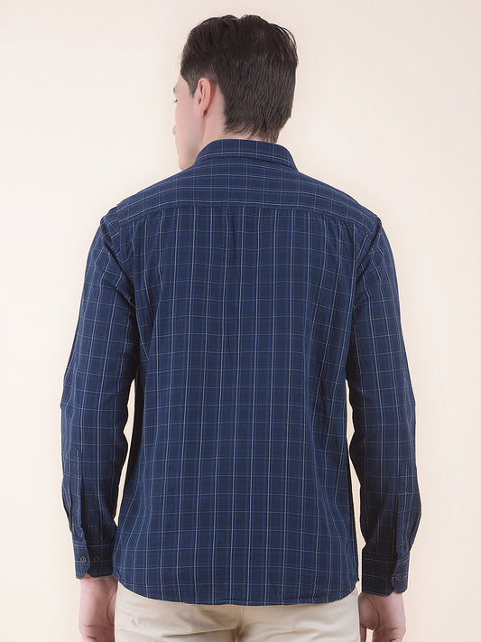 Men's Navy Slim Fit Checkered Full Sleeve Casual Shirt