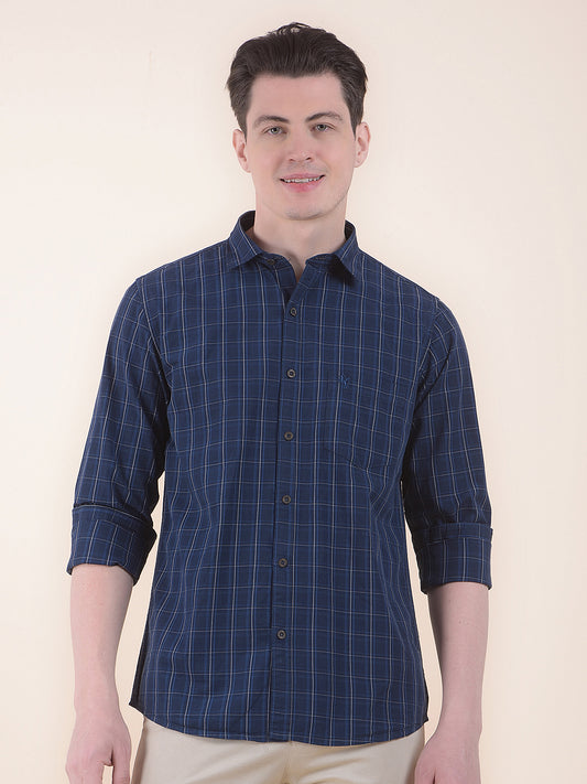Men's Navy Slim Fit Checkered Full Sleeve Casual Shirt