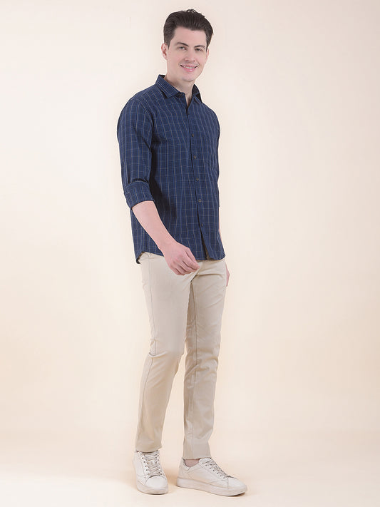 Men's Navy Slim Fit Checkered Full Sleeve Casual Shirt