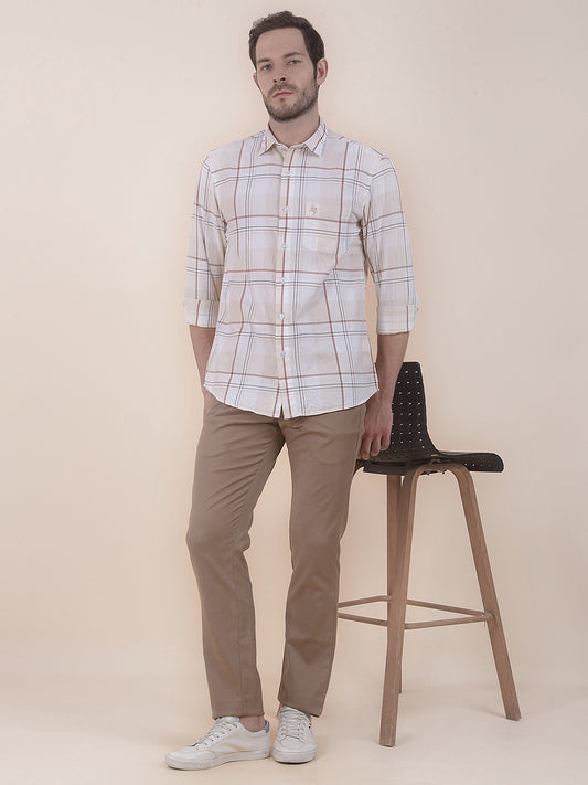  Beige Slim Fit Checkered Full Sleeve Casual Shirt