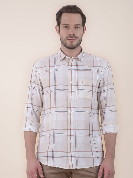 Men's Beige Slim Fit Checkered Full Sleeve Casual Shirt