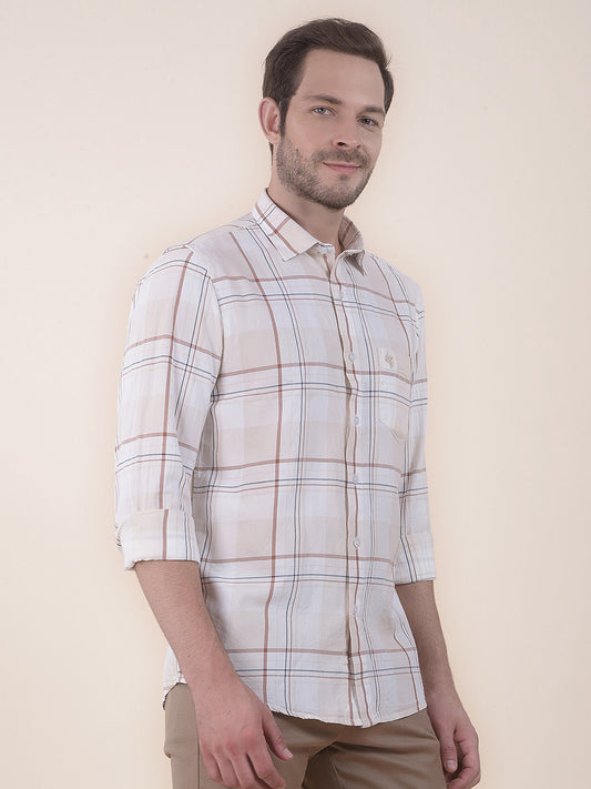 Men's Beige Slim Fit Checkered Full Sleeve Casual Shirt
