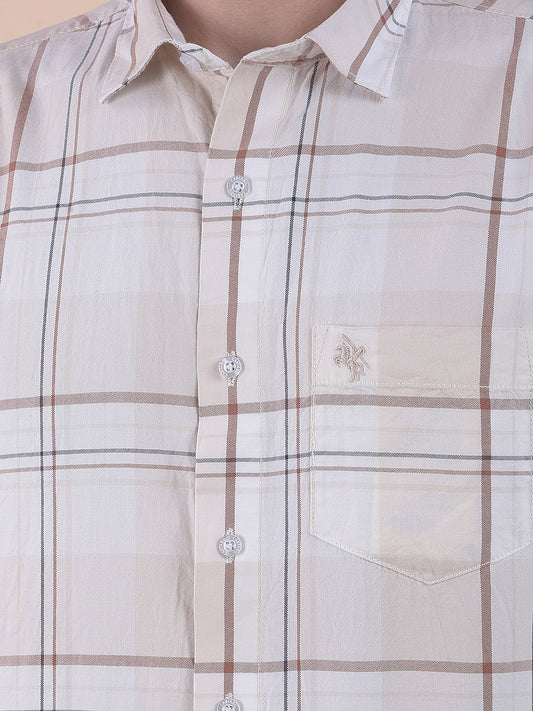 Men's Beige Slim Fit Checkered Full Sleeve Casual Shirt