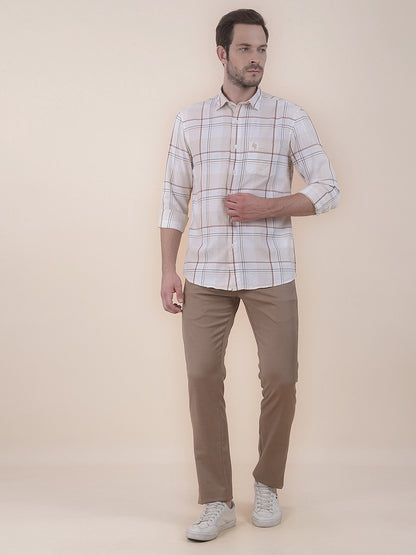 Men's Beige Slim Fit Checkered Full Sleeve Casual Shirt
