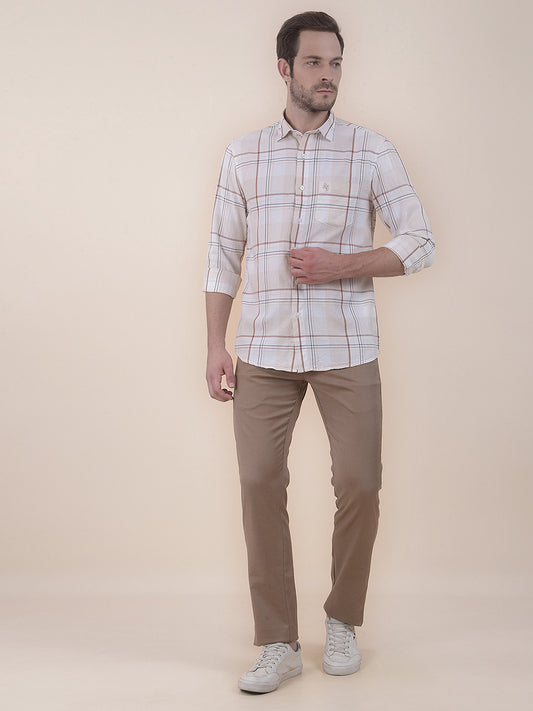 Men's Beige Slim Fit Checkered Full Sleeve Casual Shirt