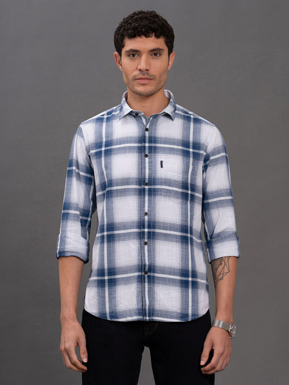 Men's Blue Checkered Slim Fit Full Sleeve Casual Shirt