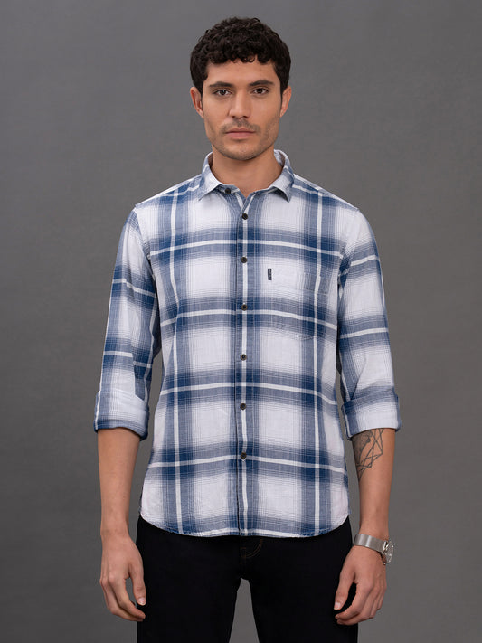 Men's Blue Checkered Slim Fit Full Sleeve Casual Shirt