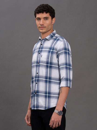 Men's Blue Checkered Slim Fit Full Sleeve Casual Shirt
