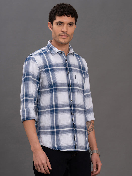 Men's Blue Checkered Slim Fit Full Sleeve Casual Shirt