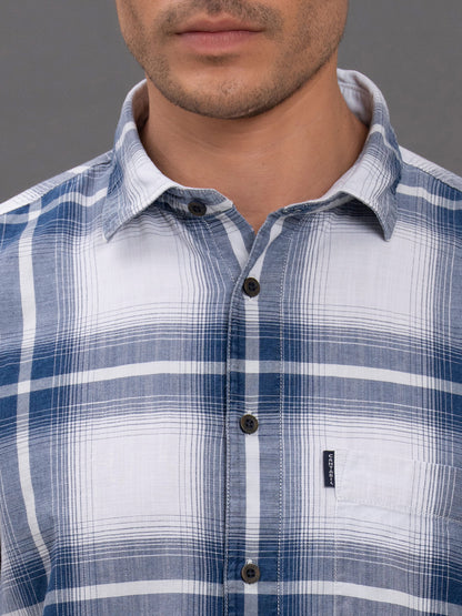 Men's Blue Checkered Slim Fit Full Sleeve Casual Shirt