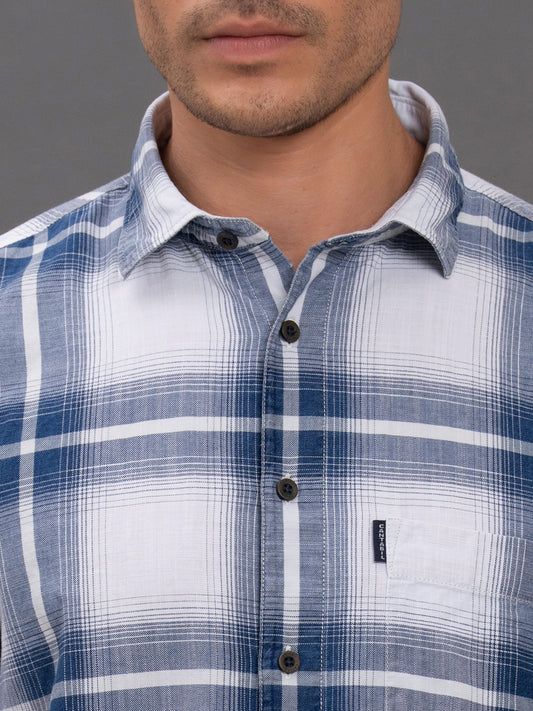 Men's Blue Checkered Slim Fit Full Sleeve Casual Shirt