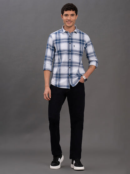 Men's Blue Checkered Slim Fit Full Sleeve Casual Shirt