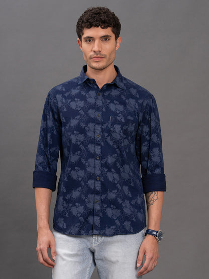 Men's Blue Printed Slim Fit Full Sleeve Casual Shirt
