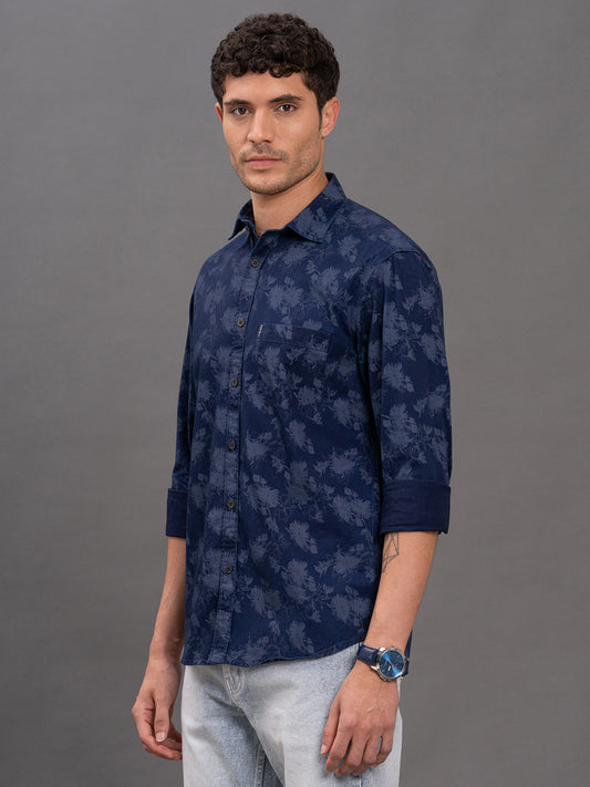 Men's Blue Printed Slim Fit Full Sleeve Casual Shirt