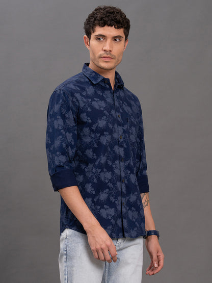 Men's Blue Printed Slim Fit Full Sleeve Casual Shirt
