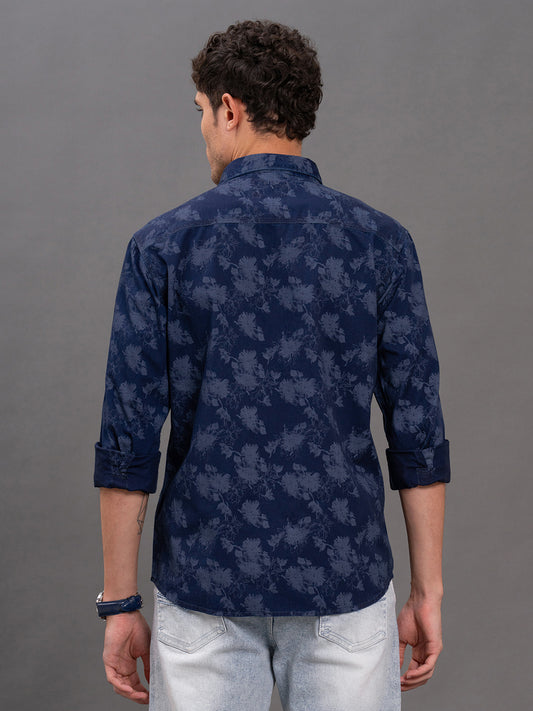 Men's Blue Printed Slim Fit Full Sleeve Casual Shirt