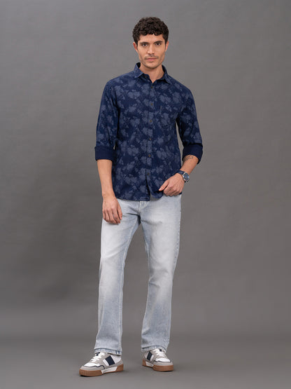 Men's Blue Printed Slim Fit Full Sleeve Casual Shirt