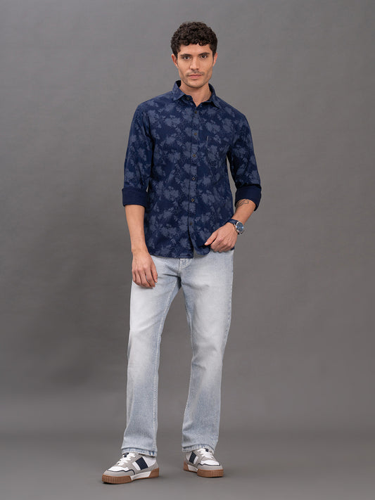 Men's Blue Printed Slim Fit Full Sleeve Casual Shirt