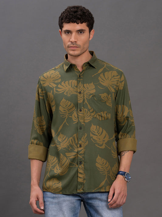 Men's Brown Printed Slim Fit Full Sleeve Casual Shirt