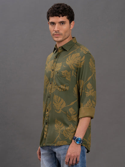 Men's Brown Printed Slim Fit Full Sleeve Casual Shirt