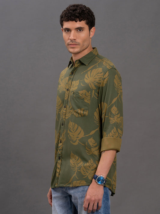 Men's Brown Printed Slim Fit Full Sleeve Casual Shirt