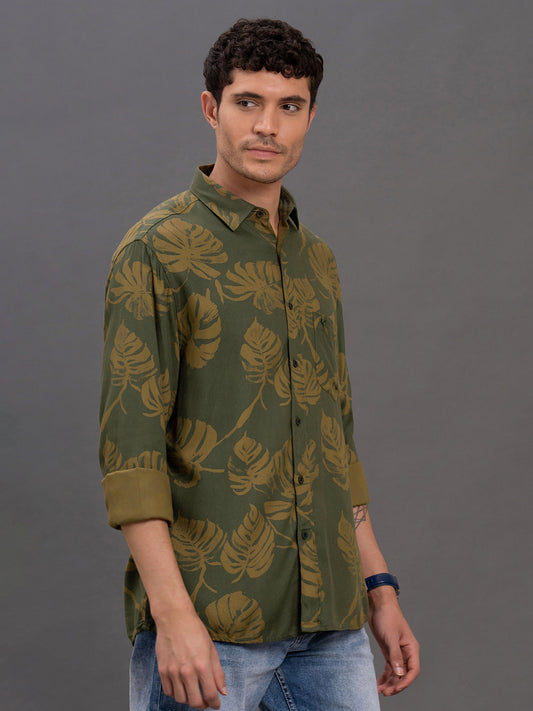 Men's Brown Printed Slim Fit Full Sleeve Casual Shirt