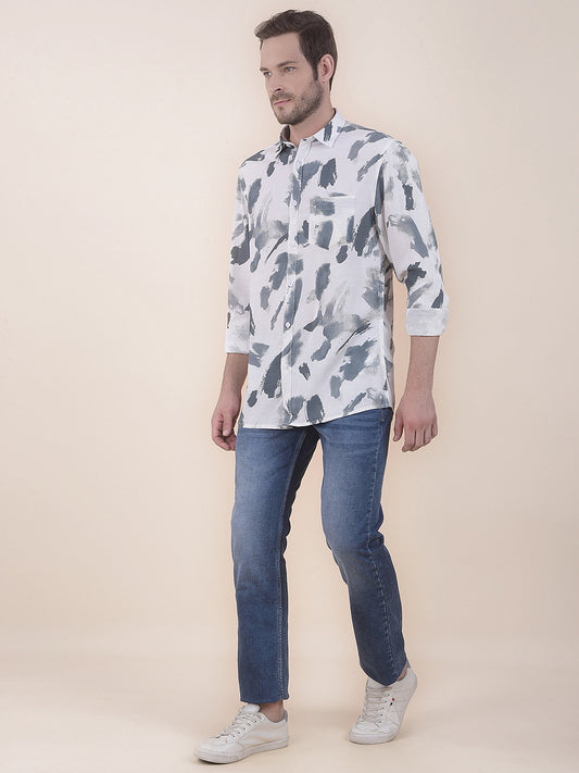 Men's White Slim Fit Printed Full Sleeve Casual Shirt