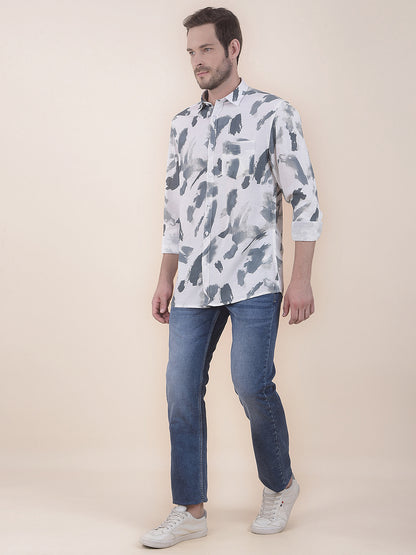 Men's White Slim Fit Printed Full Sleeve Casual Shirt