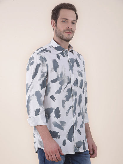 Men's White Slim Fit Printed Full Sleeve Casual Shirt
