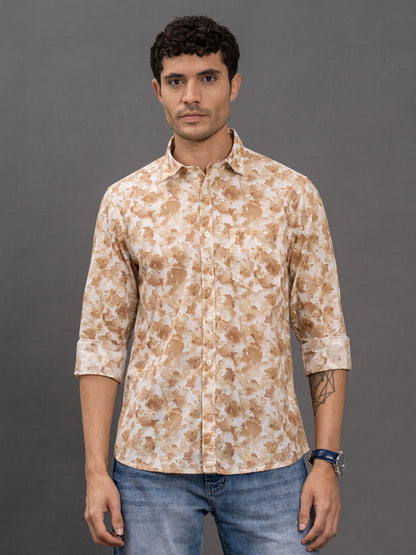Men's Olive Printed Slim Fit Full Sleeve Casual Shirt
