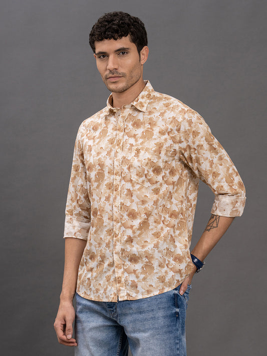 Men's Olive Printed Slim Fit Full Sleeve Casual Shirt