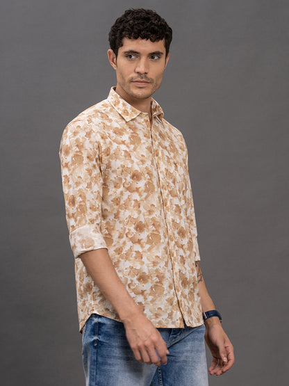 Men's Olive Printed Slim Fit Full Sleeve Casual Shirt