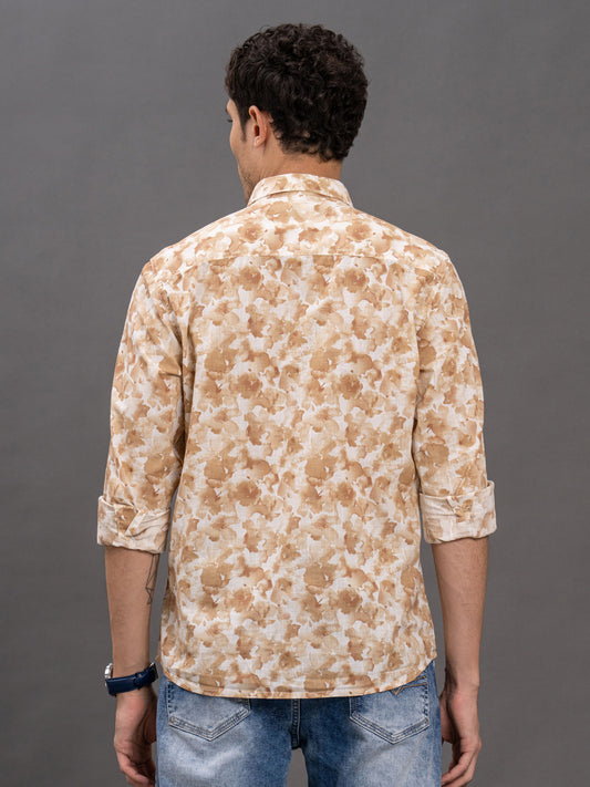 Men's Olive Printed Slim Fit Full Sleeve Casual Shirt