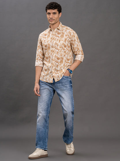 Men's Olive Printed Slim Fit Full Sleeve Casual Shirt