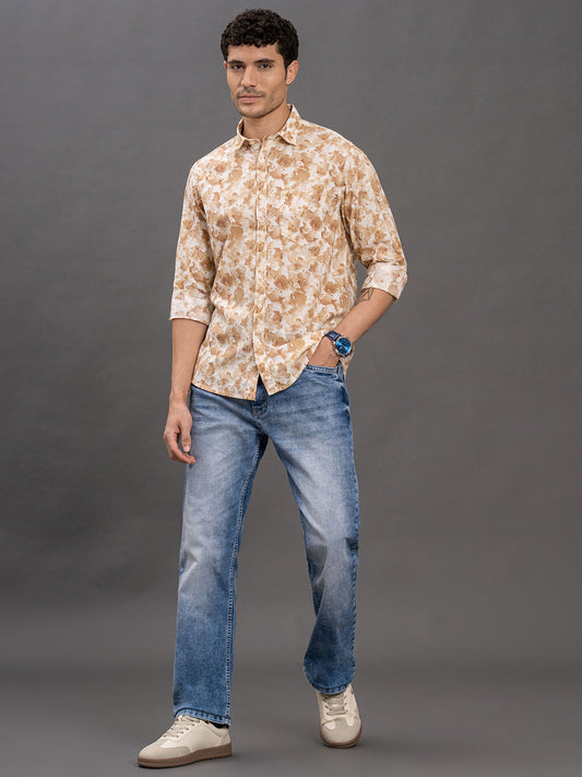 Men's Olive Printed Slim Fit Full Sleeve Casual Shirt