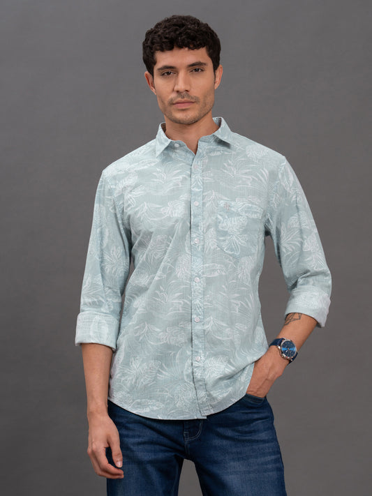 Men's Aqua Printed Slim Fit Full Sleeve Casual Shirt