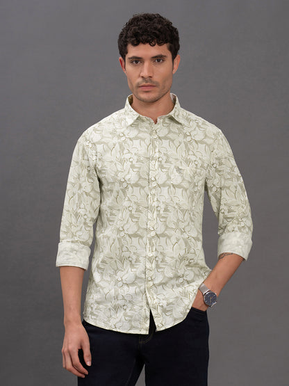 Men's Light Green Printed Slim Fit Full Sleeve Casual Shirt