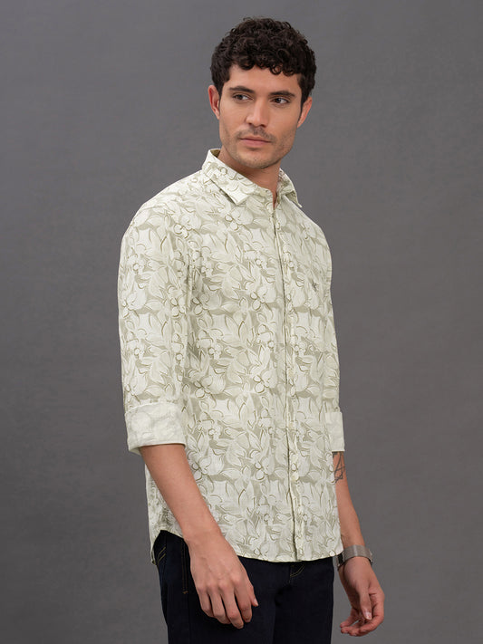 Men's Light Green Printed Slim Fit Full Sleeve Casual Shirt