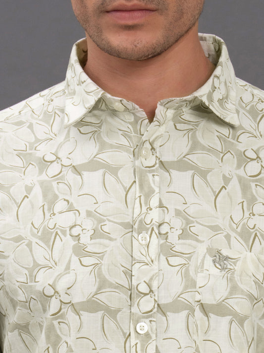 Men's Light Green Printed Slim Fit Full Sleeve Casual Shirt