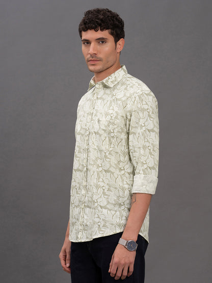 Men's Light Green Printed Slim Fit Full Sleeve Casual Shirt
