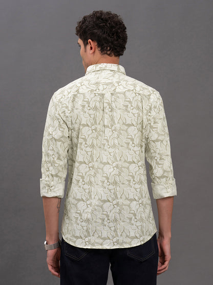 Men's Light Green Printed Slim Fit Full Sleeve Casual Shirt