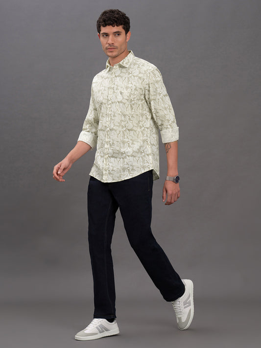 Men's Light Green Printed Slim Fit Full Sleeve Casual Shirt