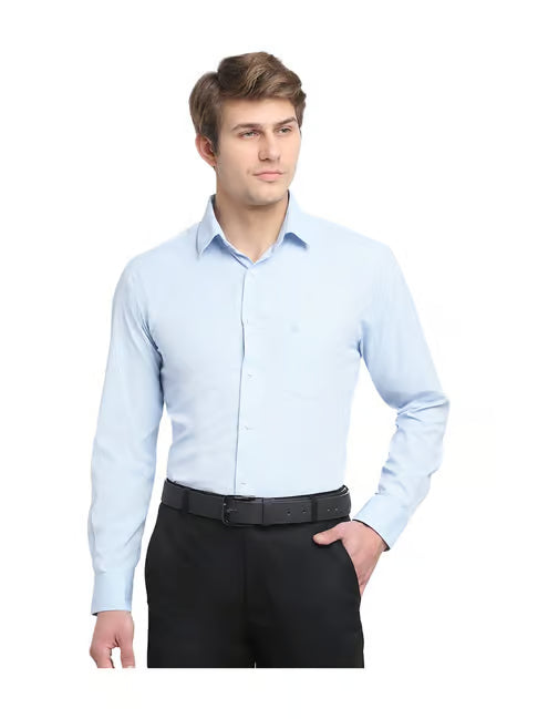 Men's Sky Blue Regular Fit Self Design Full Sleeve Formal Shirt