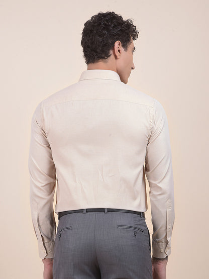 Men's Beige Regular Fit Self Design Full Sleeve Formal Shirt