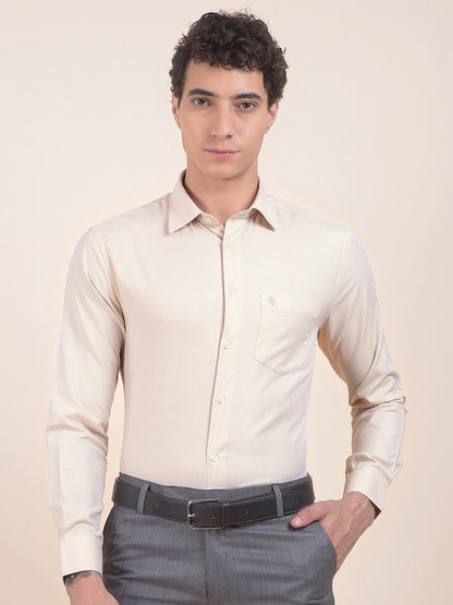 Men's Beige Regular Fit Self Design Full Sleeve Formal Shirt