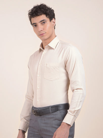 Men's Beige Regular Fit Self Design Full Sleeve Formal Shirt