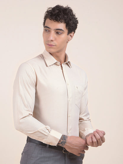 Men's Beige Regular Fit Self Design Full Sleeve Formal Shirt
