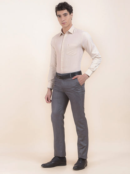 Men's Beige Regular Fit Self Design Full Sleeve Formal Shirt