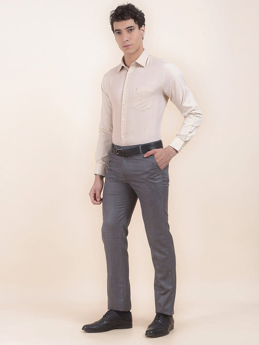 Men's Beige Regular Fit Self Design Full Sleeve Formal Shirt